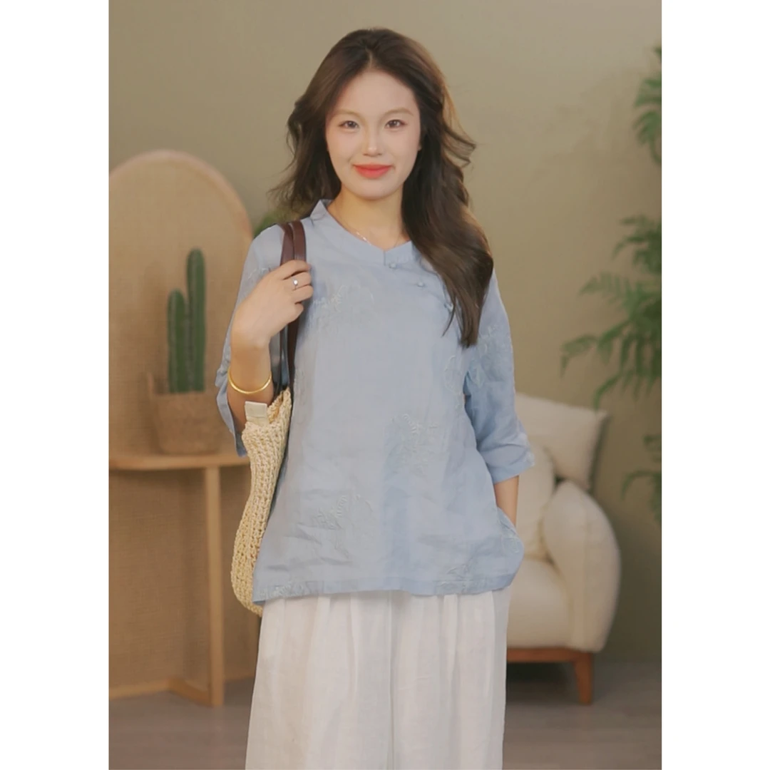 汉意麻丨高品质苎麻新中式复古宽松文艺日常夏季薄款刺绣T恤上衣