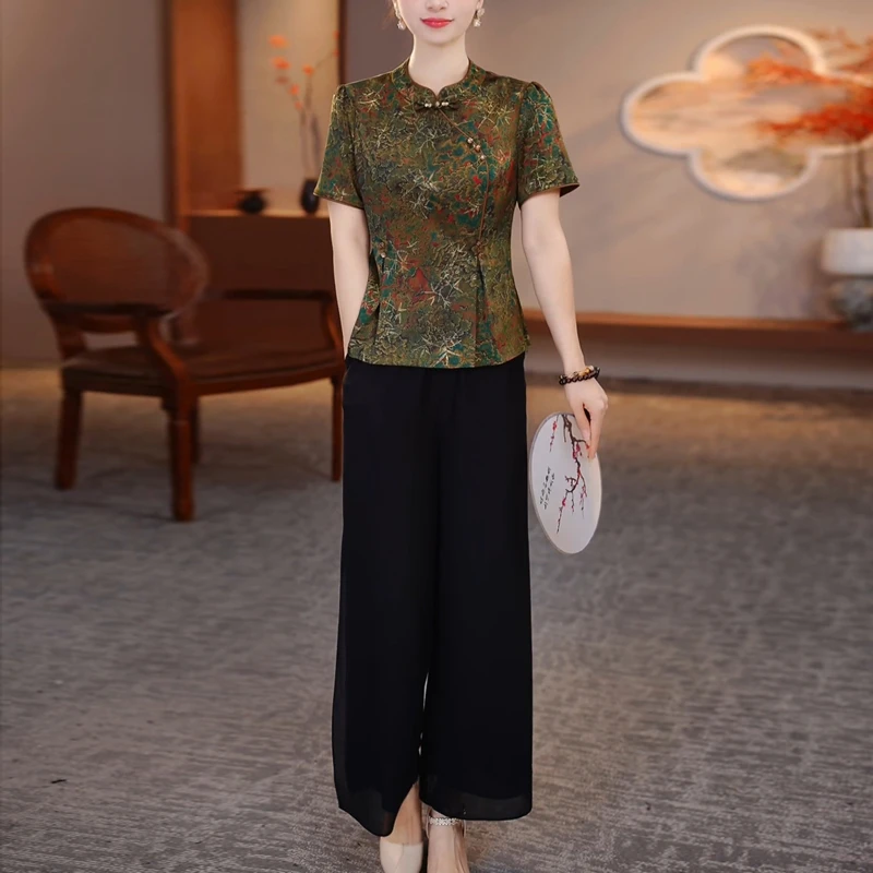 时尚新中式休闲套装女夏季2025年新款复古印花短袖上衣裤子两件套