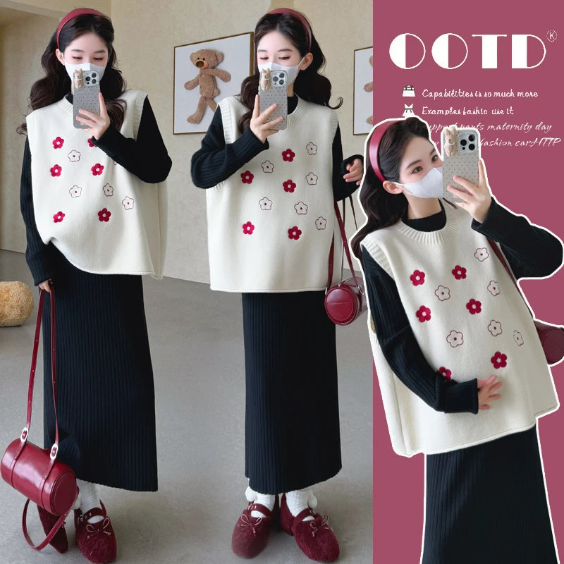 潮妈穿搭~2025秋冬款韩版时尚重工刺绣花朵马甲+软糯加厚打底套装