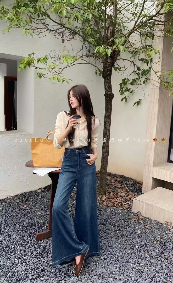 女薄款长裤高腰常规阔腿裤牛仔裤早秋百搭韩版芭比风