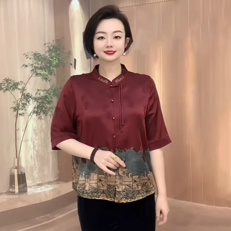 复古开衫国风旗袍衫上衣夏季新款宽松遮肚洋气T恤衫女高档衬衫女