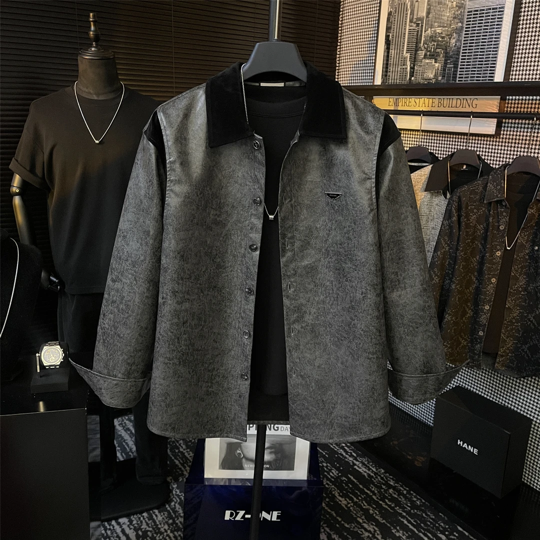 [BJ]男士原创设计高定纯色绣标休闲百搭高级感翻领皮质衬衫外套