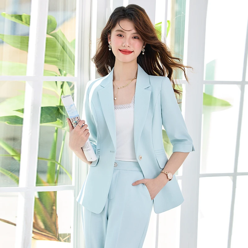 职业西服套装女春夏薄款时尚韩版轻熟风西装休闲七分袖工作服9158