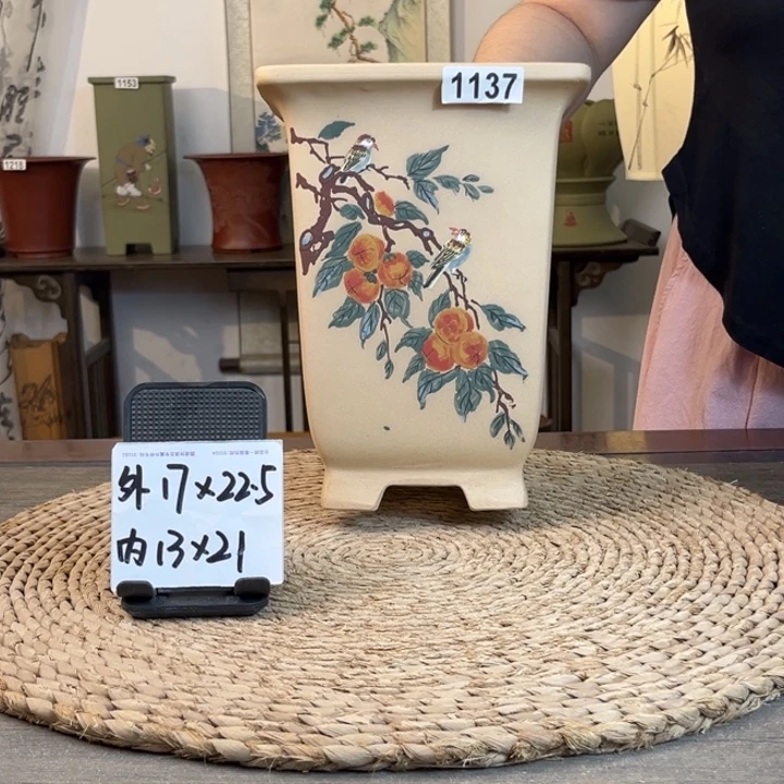 花盆紫砂 白玉段柿柿如意手绘高四方1137