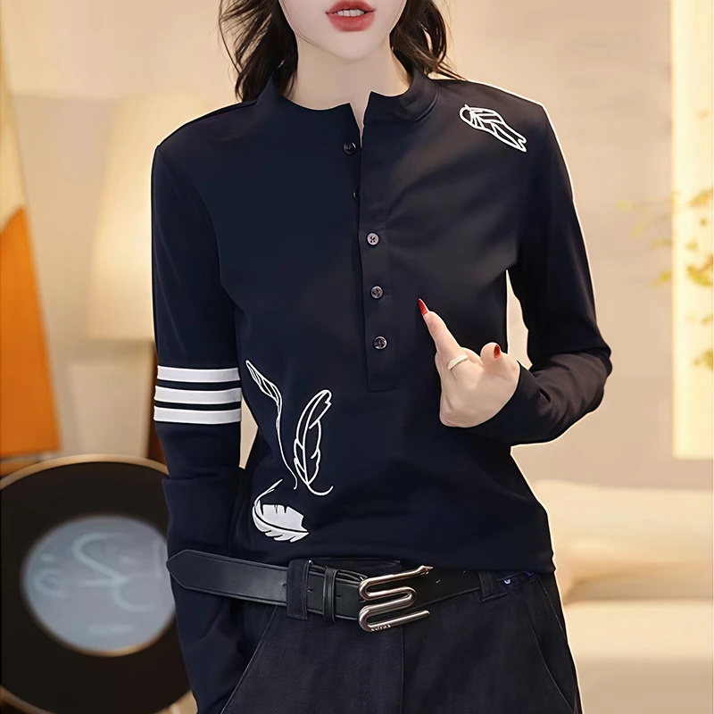 秋季新款小众炸街高级感女装百搭显瘦时尚藏青色条纹拼接长袖T恤