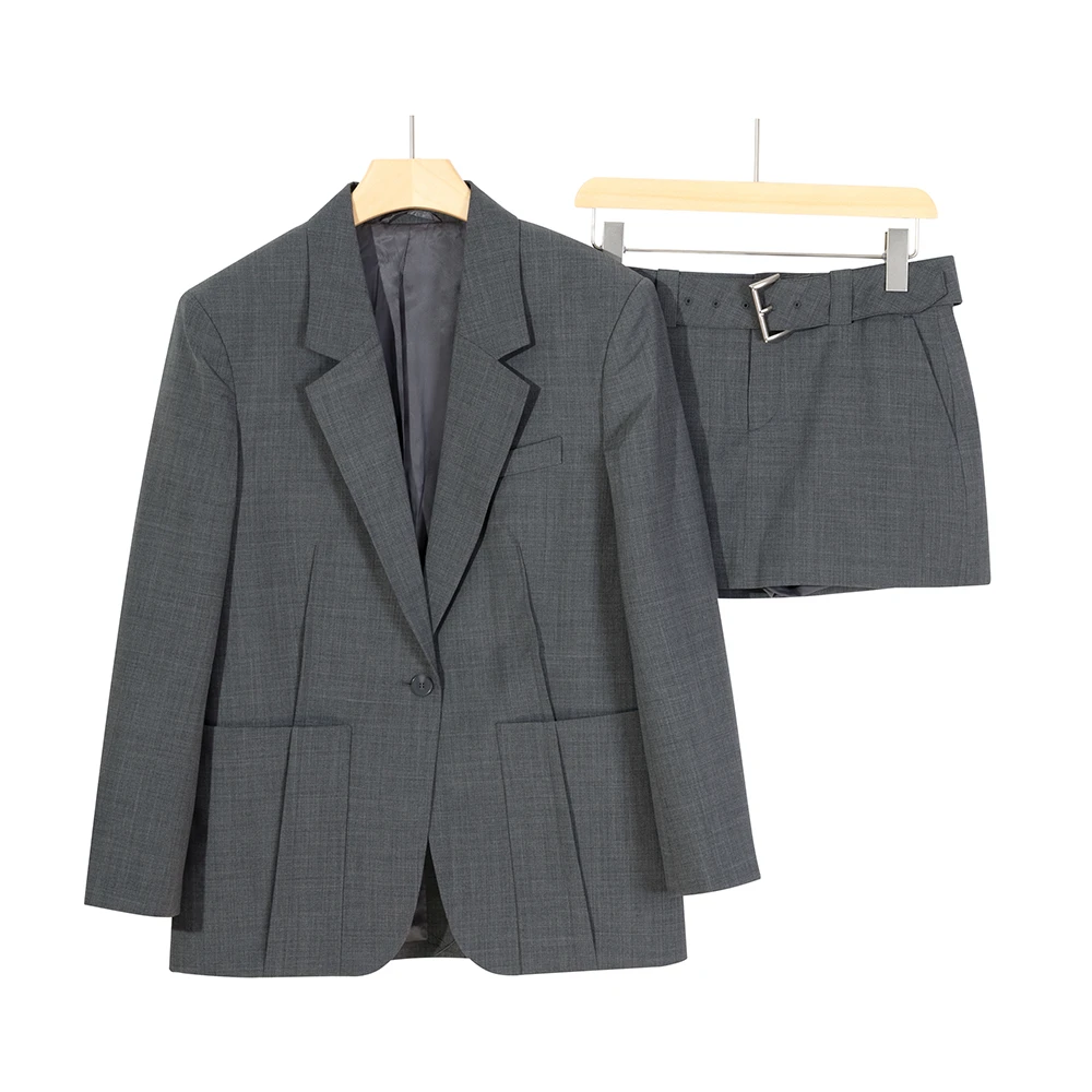 闪闪兒 高智性灰色通勤简约西装外套+短裙套装55033