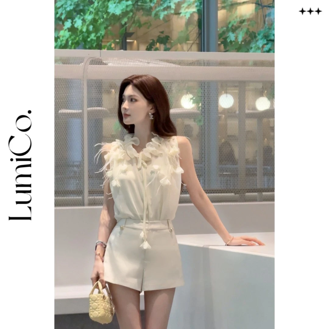 LumiCo.【油画栀子】气质设计感高端荷叶边无袖收腰连衣裙