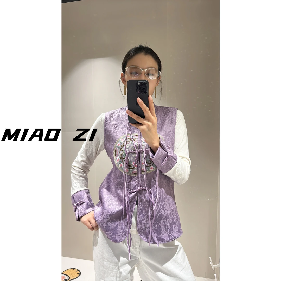 【MIAOZI】时尚套装网红复古马夹上衣时尚唐装牛仔重工中式