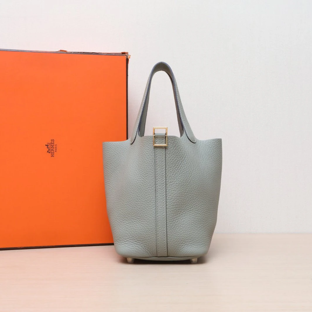 99新 Hermes/爱马仕 新粉姑姑257989菜篮子18 Q1鼠尾草绿 B刻