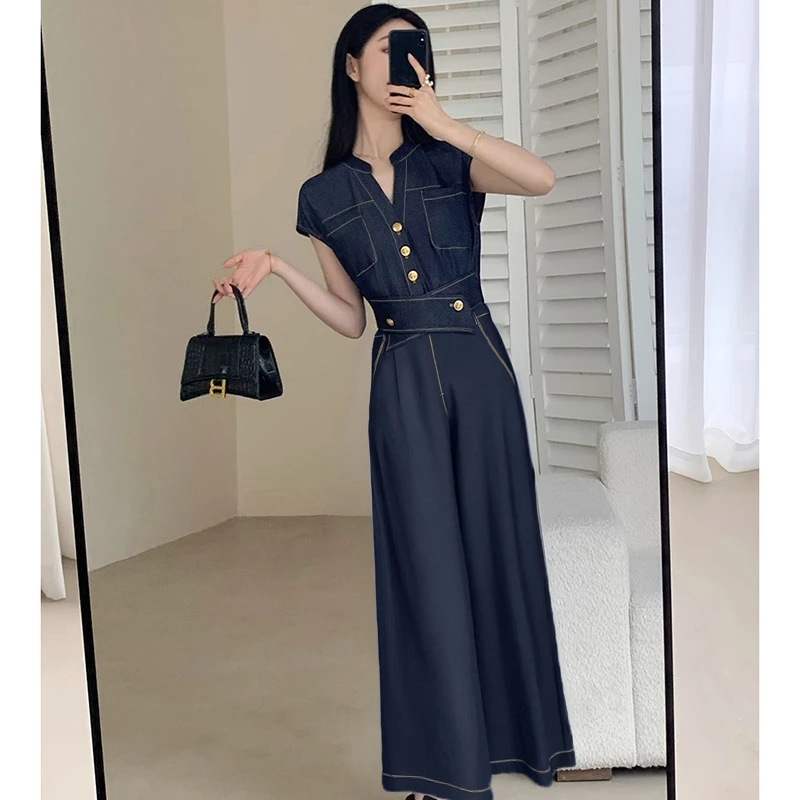 纯色气质时尚收腰两件套2025夏季新款上衣高腰阔腿裤复古牛仔