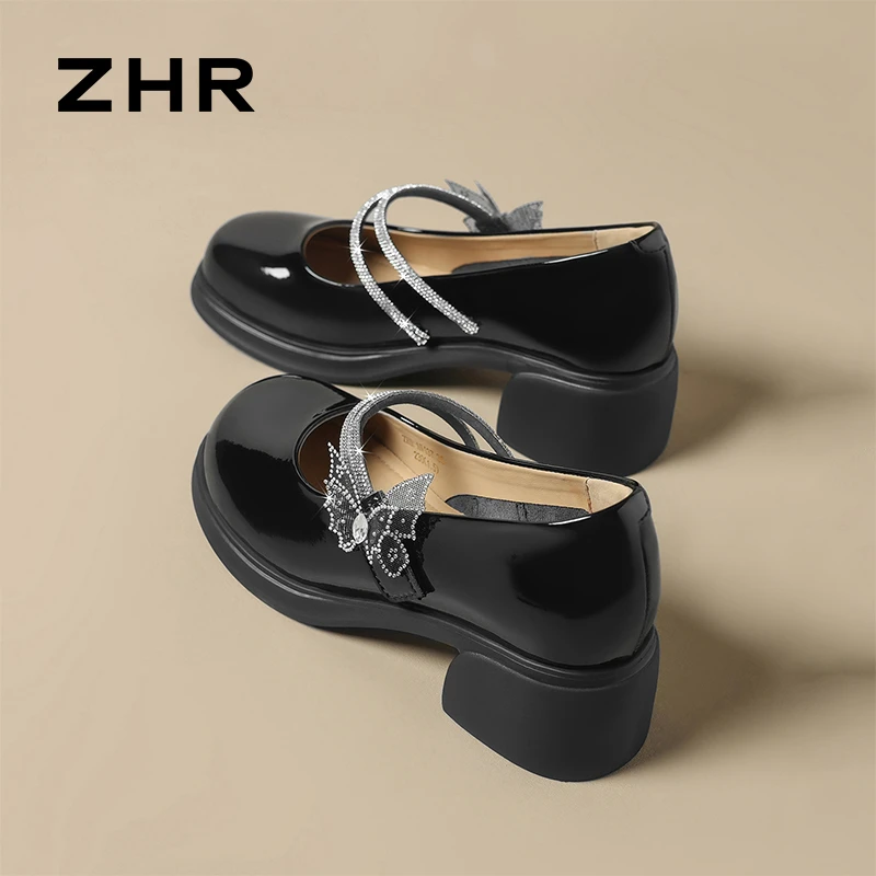 ZHR玛丽珍鞋女2025秋季新款法式绝美蝴蝶结水钻粗跟时尚外穿单鞋