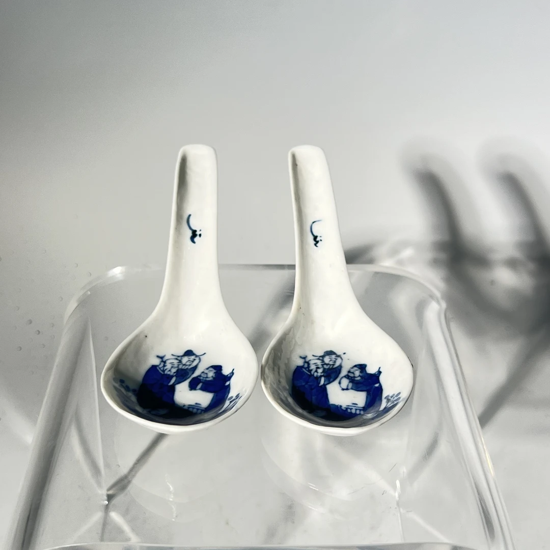 Q-清晚期 青花福禄寿三星纹汤勺一对 直径13.8