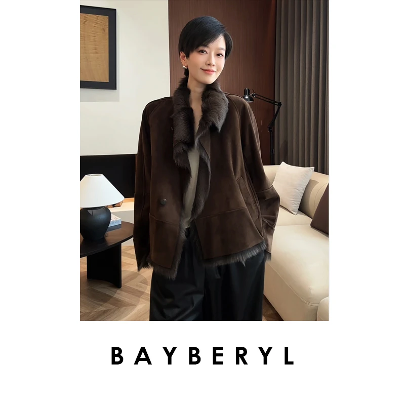BAYBERYL老贝棕榈*立领柔软顺棕色秋单排扣一体皮衣PY5I1343