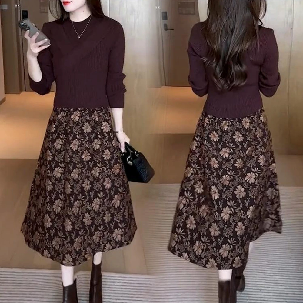 千金风清冷感贵系连衣裙秋修身洋气时尚显瘦长袖中长款打底针织裙