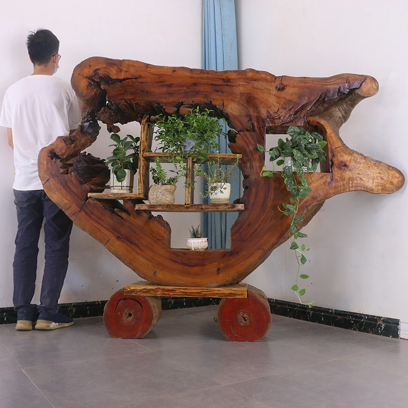 根雕花架树根摆件树型摆花架树桩香樟木实木落地木雕架子HD7333