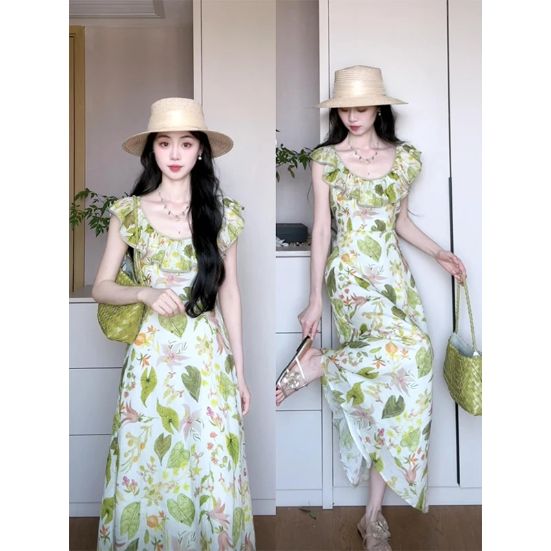 parkyeon清新气质碎花连衣裙女夏季新款度假风收腰显瘦茶歇长裙子