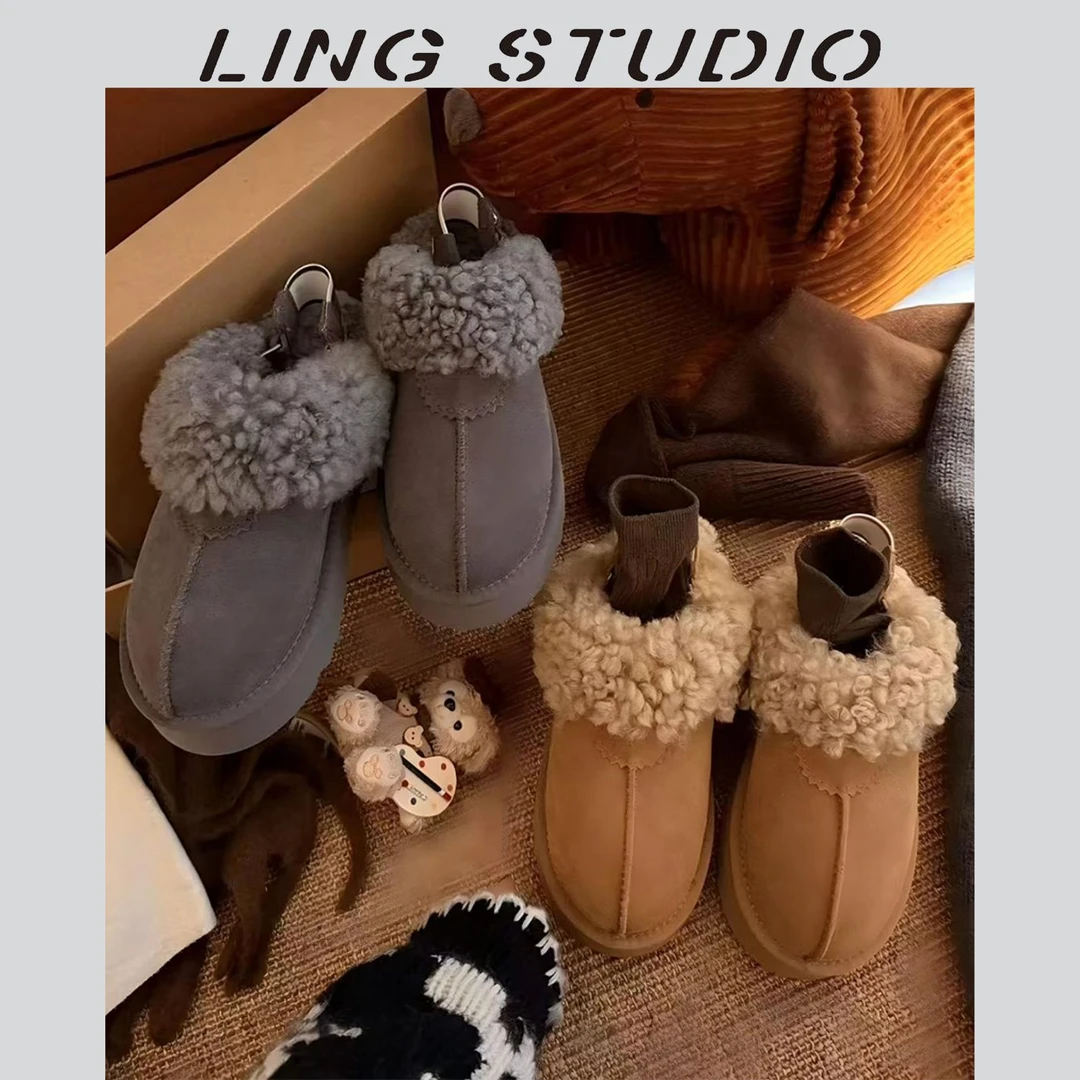 LING/STUDIO『松塔泡芙鞋』秋冬百搭休闲两穿款保暖包头毛毛拖棉鞋