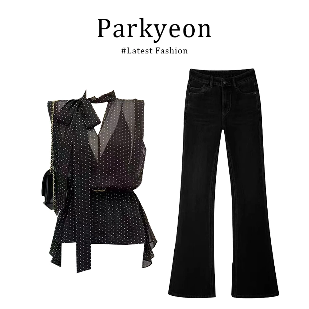 parkyeon波点无袖法式黑色系带衬衫内搭搭配高腰修身牛仔裤三件套