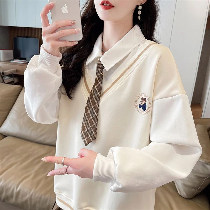 学院风假两件翻领polo衫卫衣女薄款韩版宽松春秋新款领带设计上衣