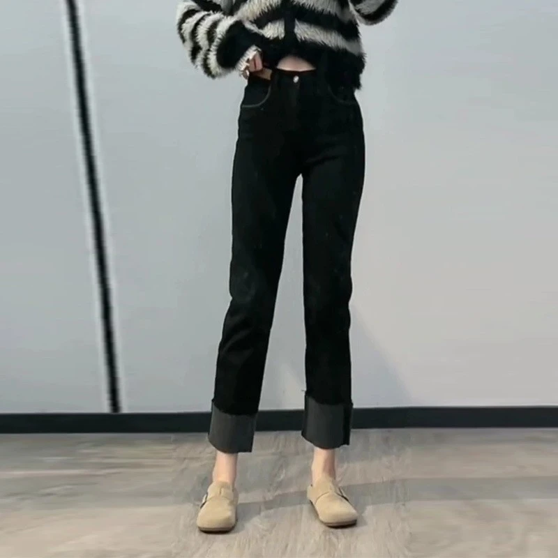 法棍裤直筒牛仔裤女高腰显瘦2025小个子九分裤弹力黑色秋冬烟管裤