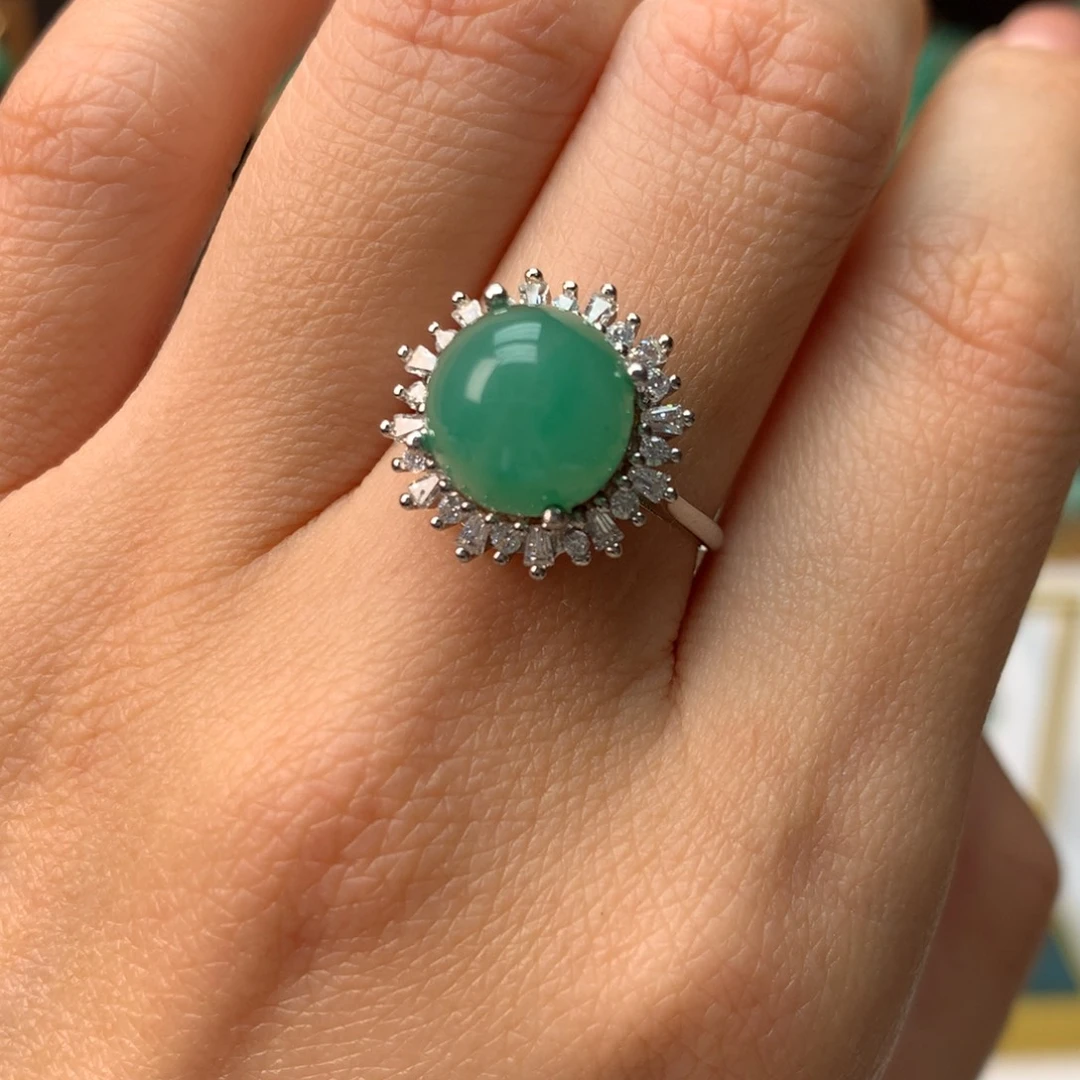 石英质玉（非洲翠）银S925镀金镶嵌冰飘花精品戒指