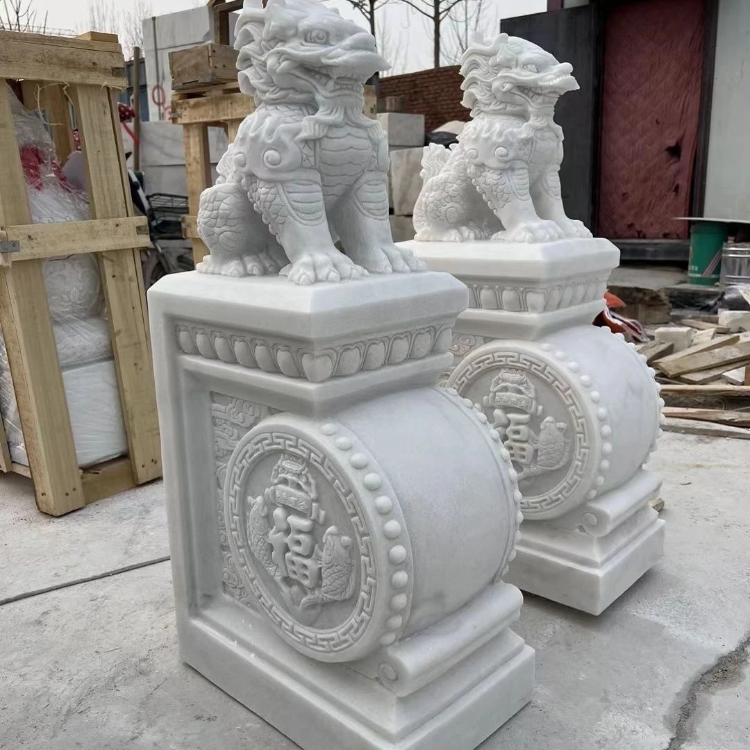 汉白玉石雕门墩抱鼓石一对天然大象石鼓门当貔貅麒麟青石门口摆件