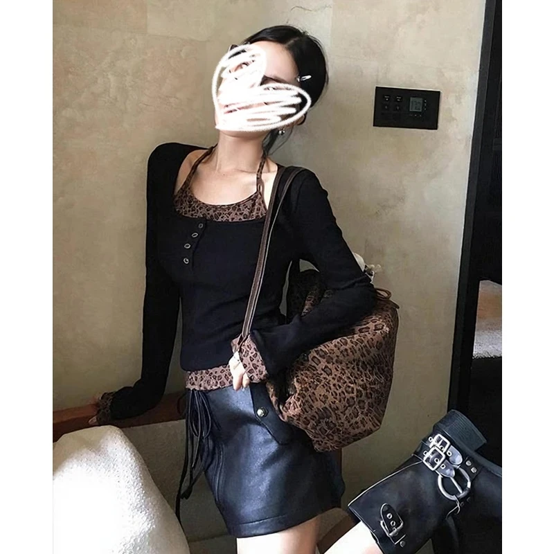 复古辣妹豹纹拼接假两件挂脖长袖T恤女秋季修身上衣内搭打底小衫