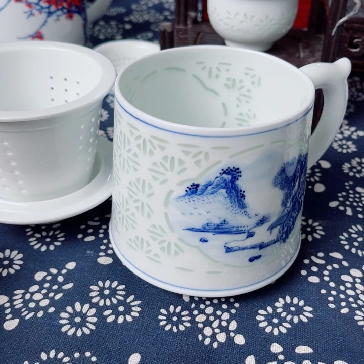 青花玲珑办公杯山水三件套