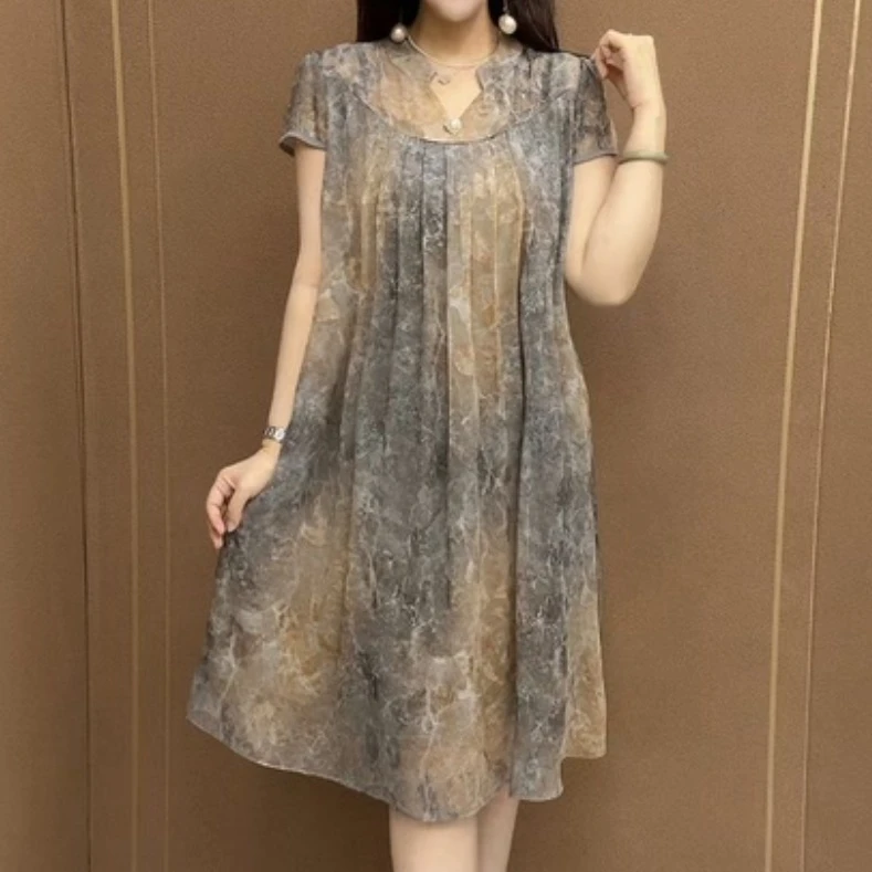 夏季中长款百搭复古气质休闲过膝中长款妈妈裙中老年减龄时尚裙子