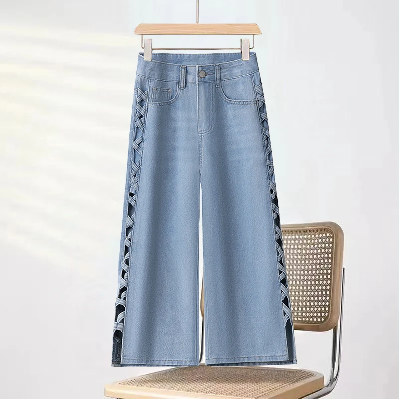 宽松阔腿七分牛仔裤女夏季薄款小个子2025年新款镂空显瘦直筒裤女