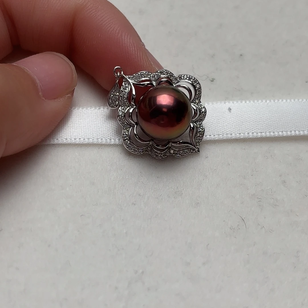 淡水珍珠吊坠(不含链)银S925镶嵌11-12正圆金属拉菲酒红