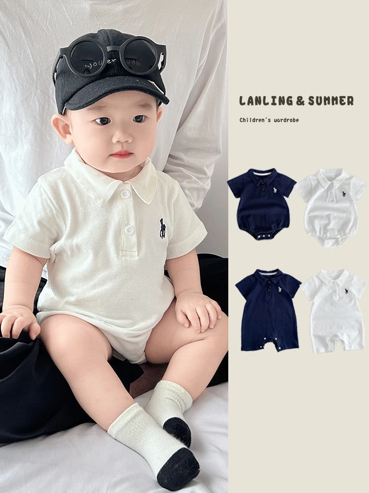 韩版婴儿连体衣夏季薄款男宝宝短袖polo爬爬服新生儿包屁哈衣夏天