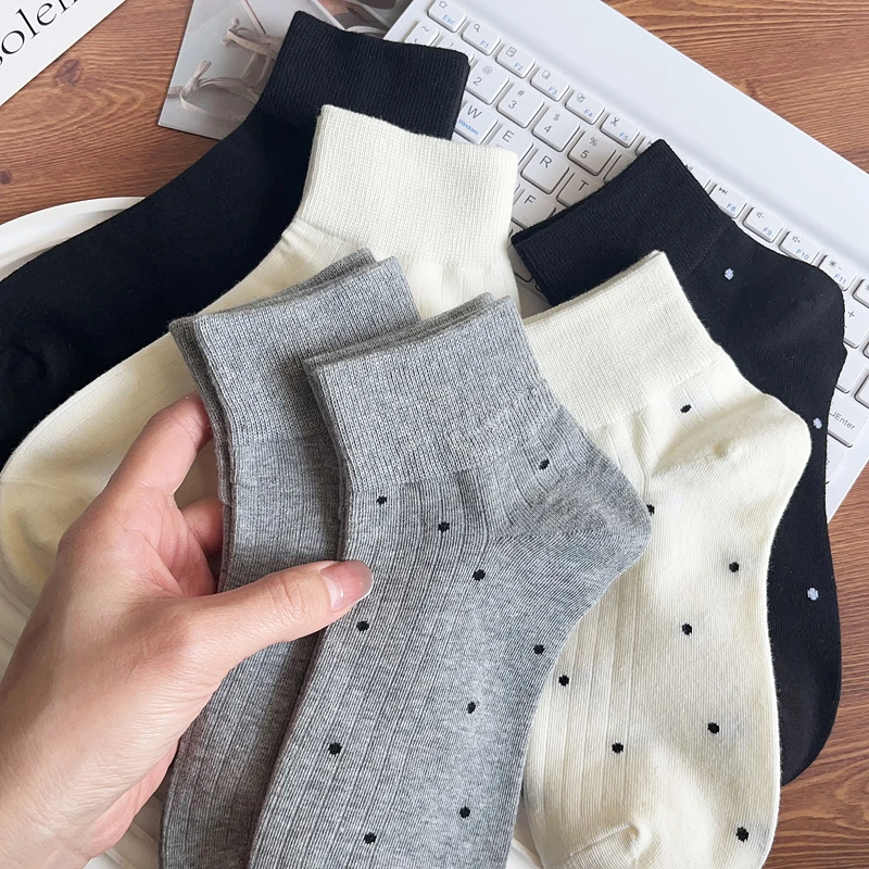 灰色袜子女春秋冬款棉袜白色波点短袜芭蕾风可爱日系韩版圆点短筒