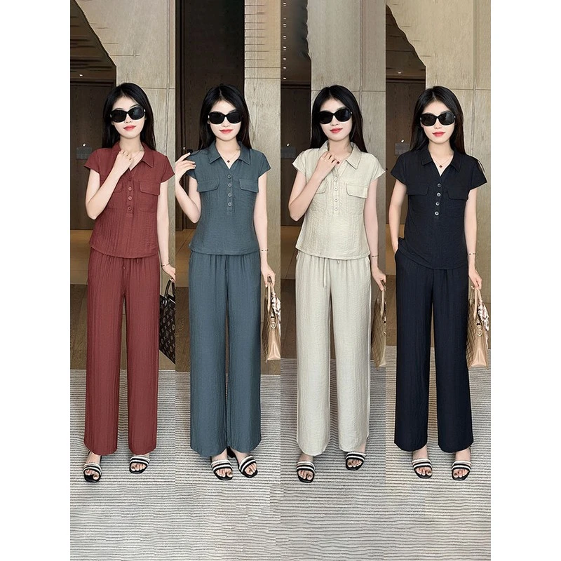 韩版时尚洋气短袖上衣套装女士2025夏季新款气质减龄阔腿裤两件套