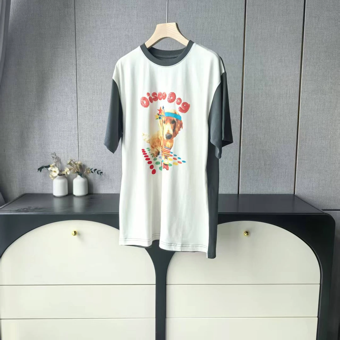 木子家I  25005【星星狗】拼接彩绘涂鸦撞色袖纯棉短袖