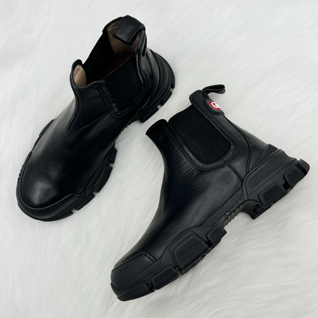 99新 GUCCI/古驰 黑色皮革切尔西靴 39.5码 公价7k c0951
