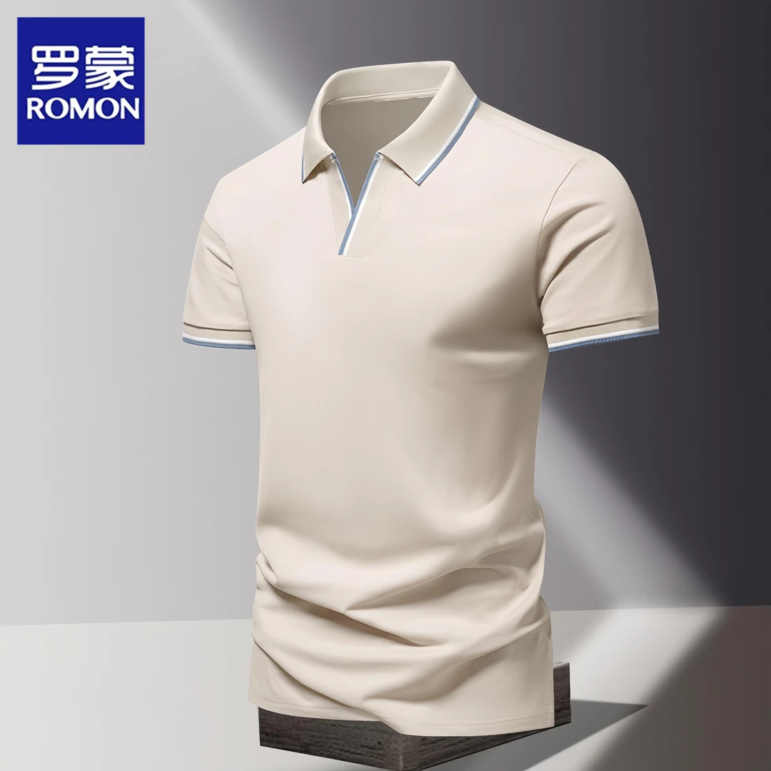 Romon/罗蒙夏季冰丝透气POLO衫男士短袖翻领个性开口时尚潮流t恤