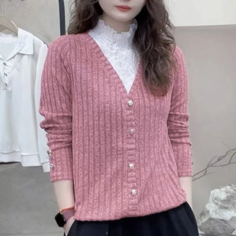 春秋蕾丝拼接半高领假两件弹力时尚休闲气质百搭洋气上衣