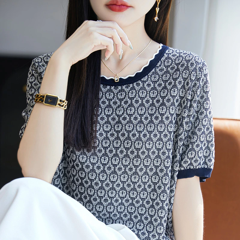 轻奢100莱赛尔天丝短袖设计感提花针织短袖气质圆领T恤女