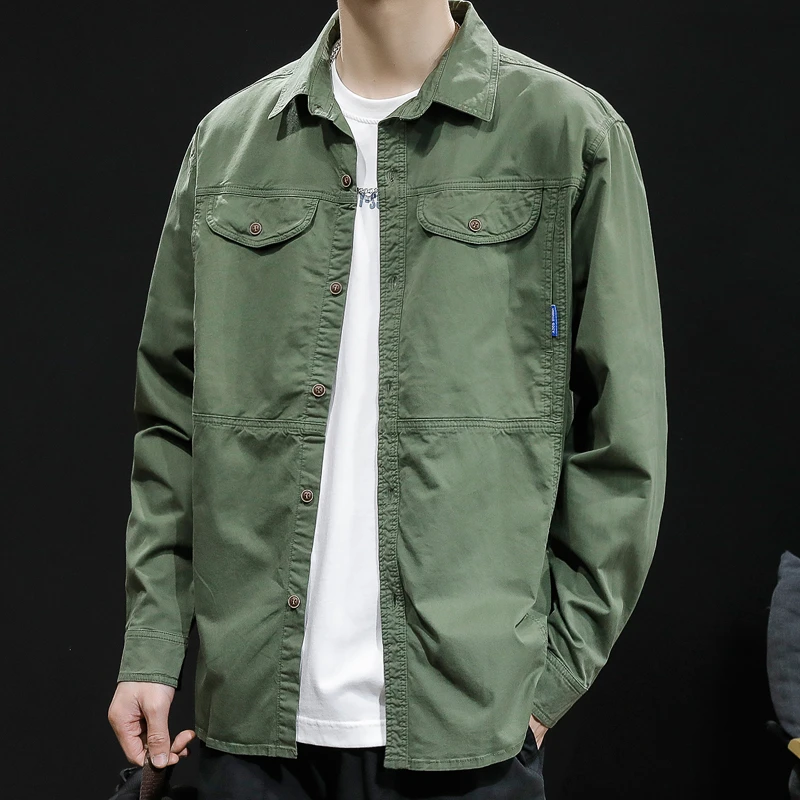 LEIGHZ/雷茨美式工装长袖衬衫男士春秋休闲外套宽松潮牌大码衬衣