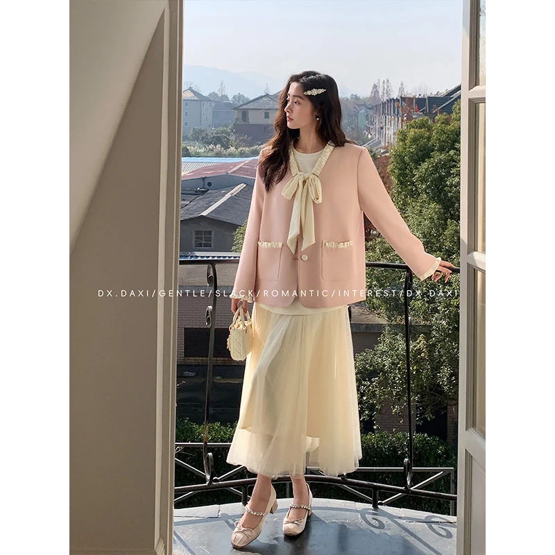 代大喜【奶芙莓莓】粉色优雅温柔蝴蝶结系带西装外套25春季新款外套