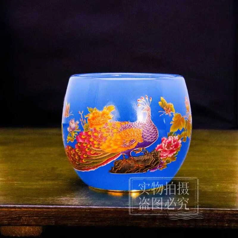 官方正品《富贵荣华》宝石蓝琉璃夜光杯