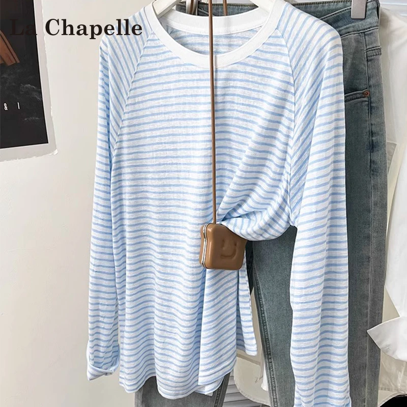 拉夏贝尔撞色条纹长袖t恤女秋冬2025新款老钱风松弛感女装贵气