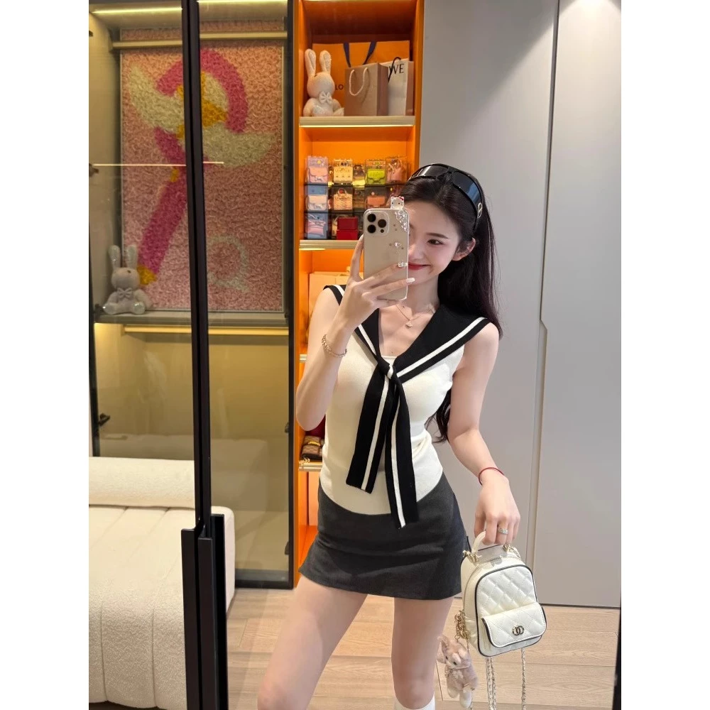 韩系假两件披肩绑带针织背心女夏季纯欲风气质修身显瘦海军领上衣