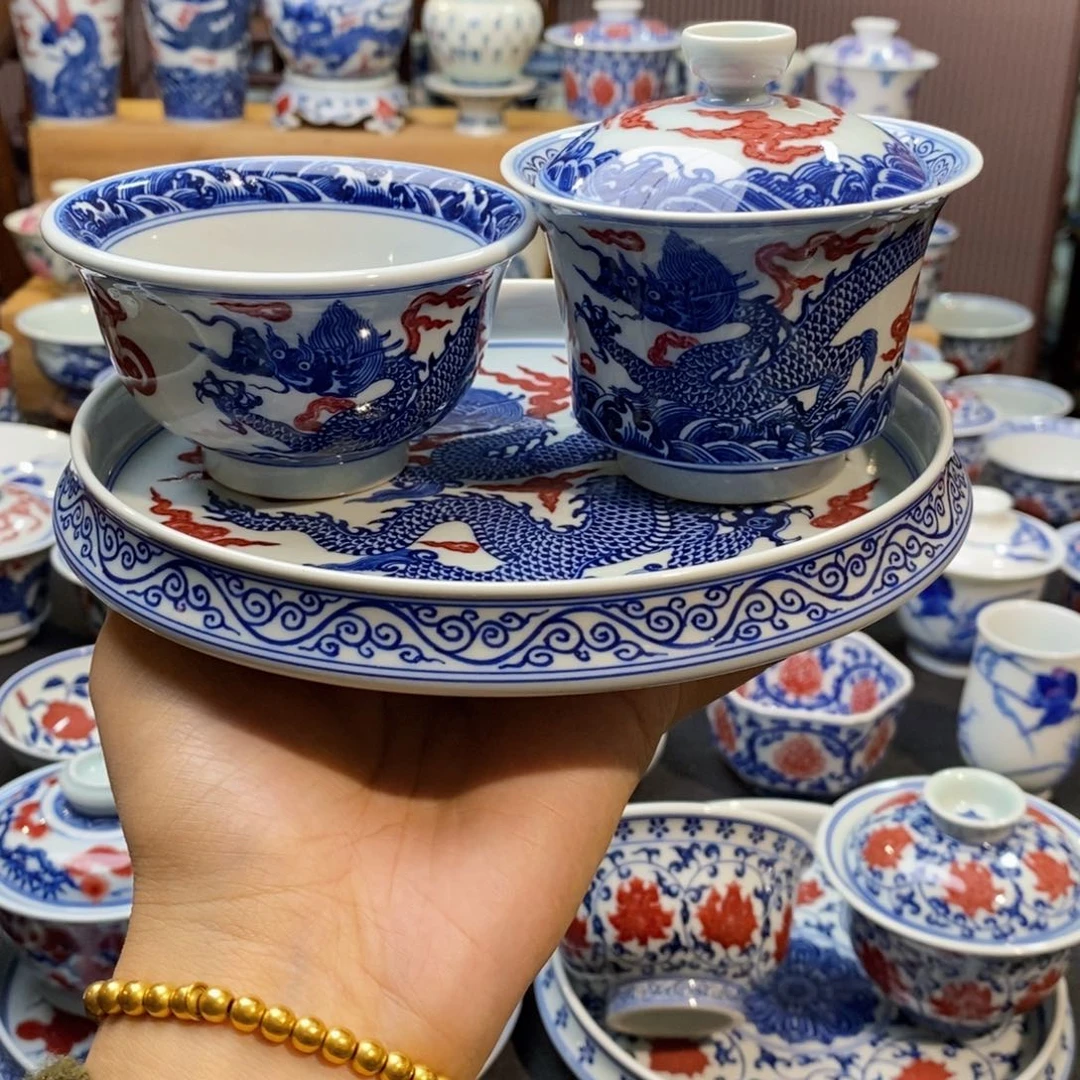 海水龙纹三件套手绘原矿手绘