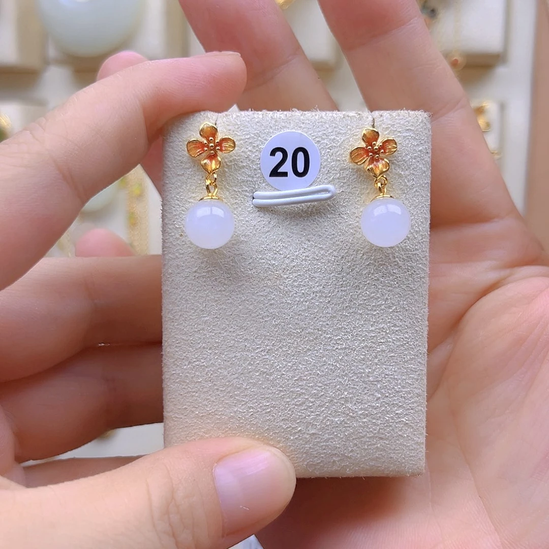 和田玉银S925镀金镶嵌耳饰