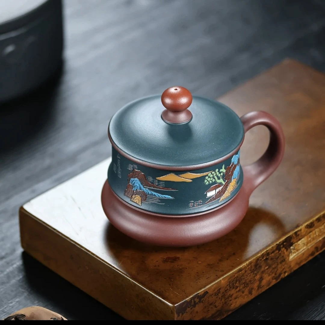 高档带盖鸿运当头陶瓷主人杯紫砂盖杯大容量茶具礼品家用紫砂杯