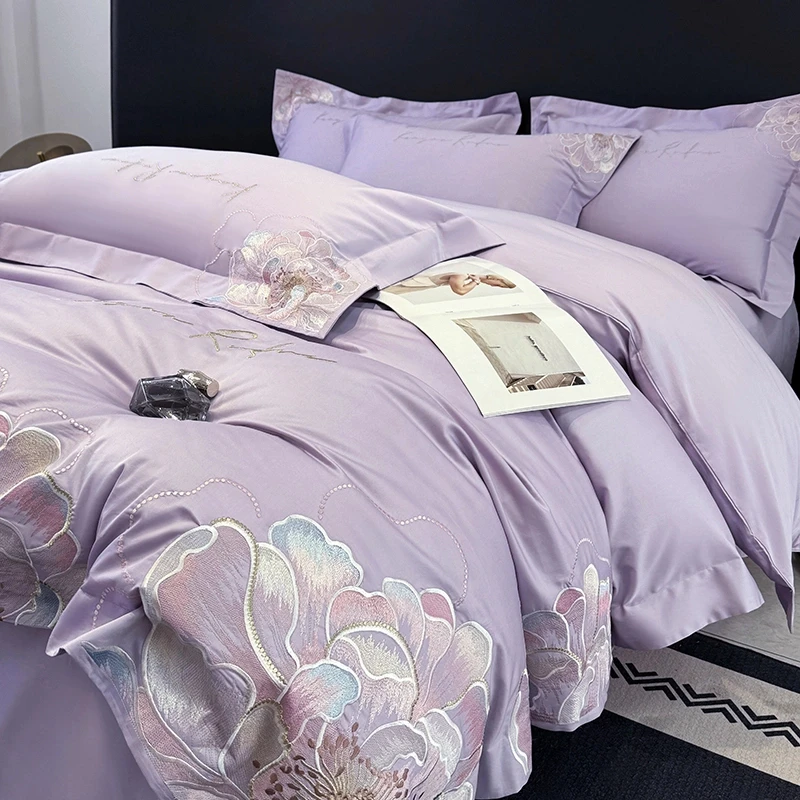 富安娜高级A类200支全棉四件套纯棉简约花卉刺绣被套床单床笠款