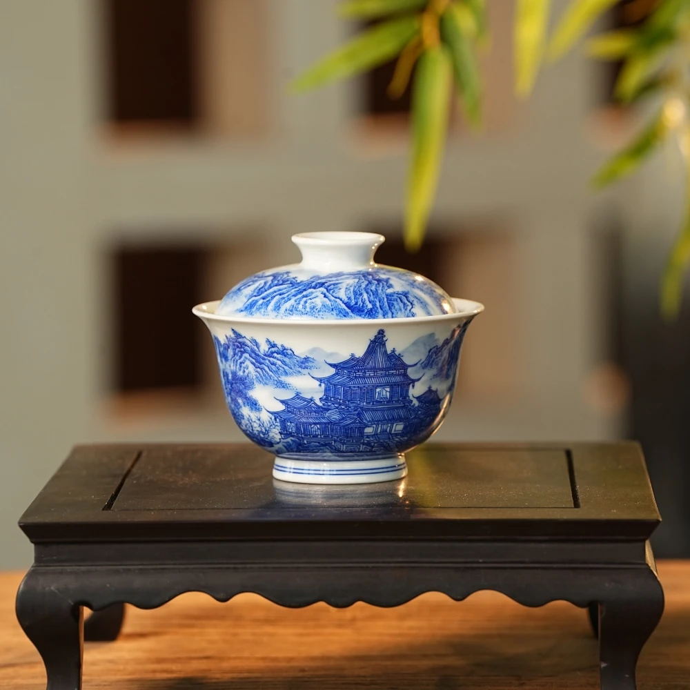 良朋柴窑 山水亭阁盖碗 L