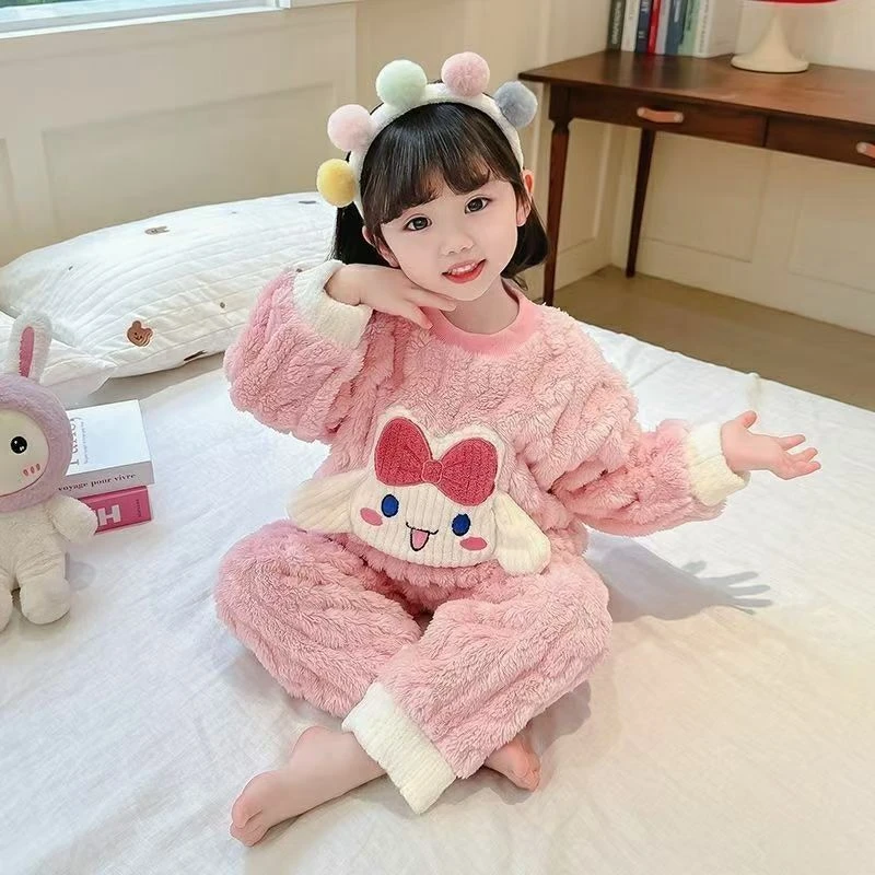 新款2025男童女童秋冬季套头加厚珊瑚绒法兰绒加绒家居服套装睡衣